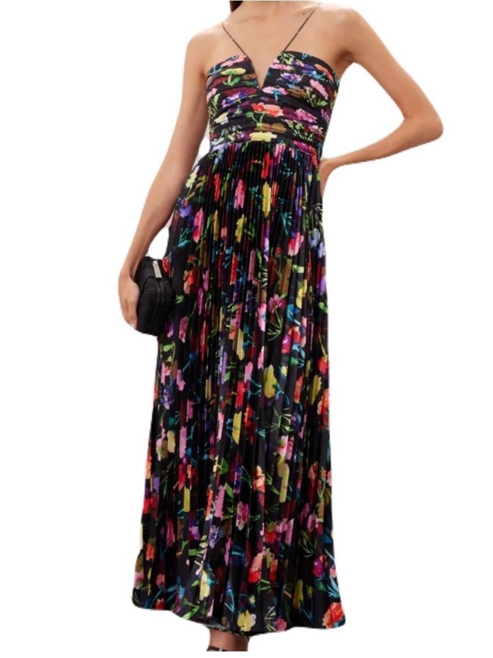 Aiiffoa Floral Pleated Black Spaghetti-Strap Evening Dress